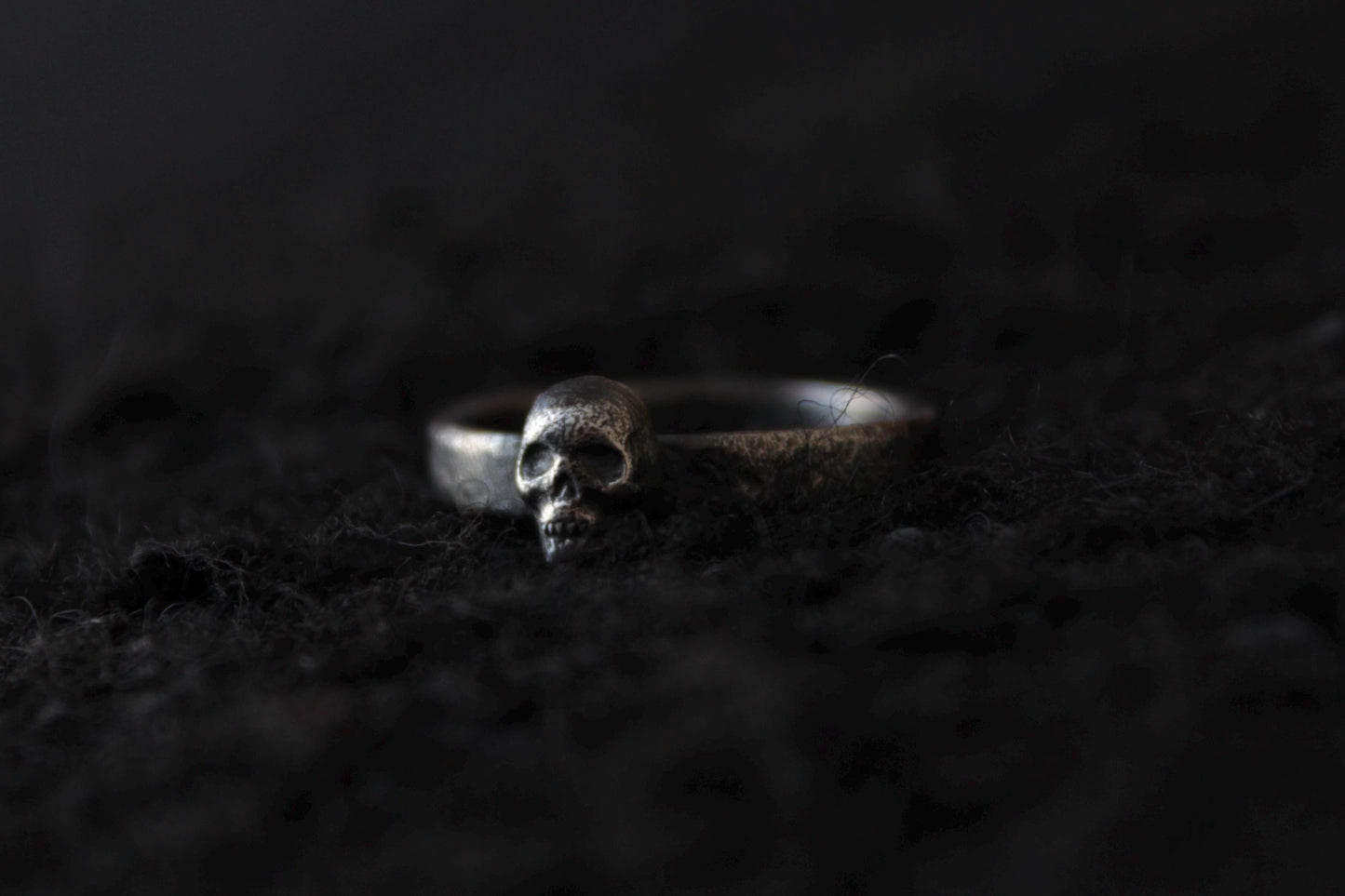 Sterling Silver Concrete Texture Ring with Silver Skull